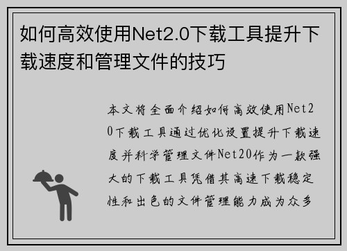 如何高效使用Net2.0下载工具提升下载速度和管理文件的技巧 如何高效使用Net2.0下载工具提升下载速度和管理文件的技巧